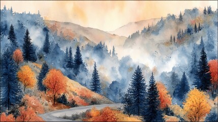 Wall Mural - misty autumn mountains with colorful trees and a winding road, painted in a serene watercolor style.