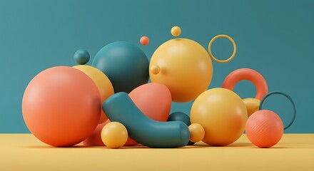 Poster - Playful Abstraction: A Whimsical Composition of Colorful Spheres and Rings in a 3D Rendering, perfect for various creative and marketing projects