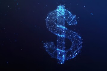 Poster - Abstract Blue Dollar Sign Composed Of Glowing Points And Lines On A Dark Background Represents Digital Finance And Modern Technology