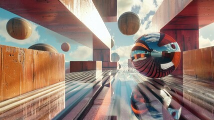 Poster - 3D cubes and spheres floating in a warped landscape stock photo --ar 16:9 --raw --v 6 Job ID: 8299e4bc-8dd8-4620-8903-988111ed7ac5