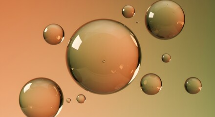 Poster - Floating iridescent spheres and transparent globes against a blurred background creating a modern abstract composition showcasing light and volume
