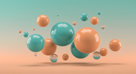 Poster - Floating spheres in harmonious teal and peach tones create a mesmerizing abstract composition evoking depth and movement, ideal for sophisticated designs