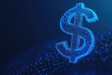 Poster - Abstract Glowing Dollar Symbol with Connected Dots on Dark Blue Background Representing Digital Finance and Modern Economy
