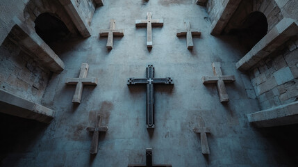 Fototapete - Nine stone crosses adorn a weathered church wall, a central dark cross commanding attention.  The ancient architecture creates a solemn, spiritual atmosphere. : Generative AI