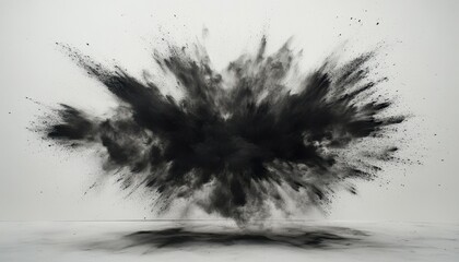 Poster - Dramatic Black Powder Explosion Against White Backdrop for Creative Art Projects and Design Element Abstract Dynamic Motion and Energy with Particles and Splashes