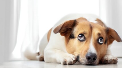 Poster - A small, brown and white dog lies on the floor, looking sadly towards the window with big, expressive eyes.  Soft light illuminates the scene, creating a gentle and heartwarming atmosp : Generative AI
