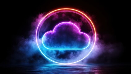 Poster - Glowing Neon Cloud Symbol on Dark Background Represents Modern Technology Blue and Purple Cloud Computing Cyber Security Digital Data and Internet Connection