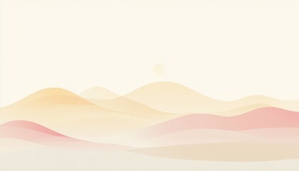Poster - Minimalist Mountain Range Landscape in Soft Pastel Tones with a Gradient Effect Sun and Peaceful Warm Abstract Beige Pink and Sand Colored Background Illustration