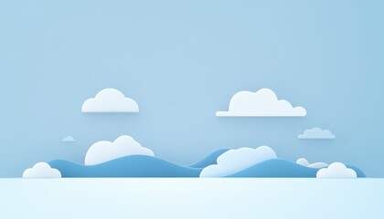 Aufkleber - Pastel Pixelated Sky Landscape with White Clouds and Blue Hills in Minimalist Style Under Gentle Lighting with Clear Horizon