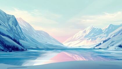 Aufkleber - Pixel Art of Snow Covered Mountains Reflecting in a Calm Lake Under a Light Sky in Winter