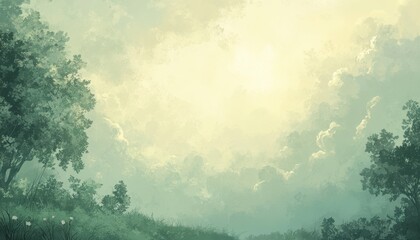 Aufkleber - Scenic Pixel Art Landscape with Lush Green Trees and Misty Sunlight in a Calm Blue and Yellow Sky