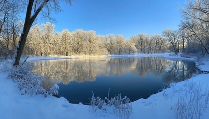 Aufkleber - Scenic Winter Lake Reflection with Snow Covered Trees and Clear Blue Sky on a Bright Sunny Day in a Frozen Landscape