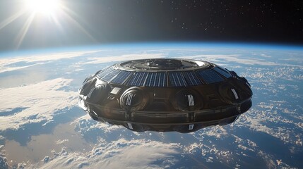 Wall Mural - Dark, circular spacecraft hovering above earth.