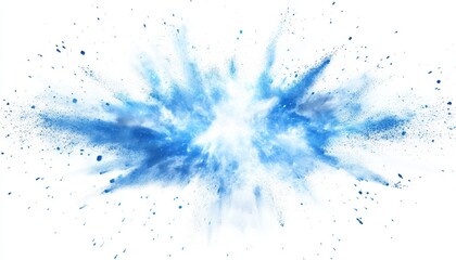 Poster - Vibrant Blue Powder Explosion on White Background with Dynamic Motion and Abstract Design Creates Colorful Art Splash Effect and Isolated Particles