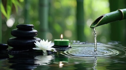 Aufkleber - Zen garden scene with stacked black stones, a white water lily, a green candle, and flowing water from a bamboo spout. : Generative AI