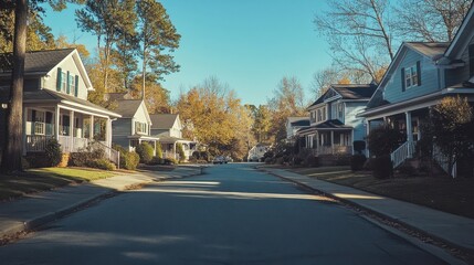 Aufkleber - A quiet residential street lined with charming, two-story houses on a sunny autumn day, showcasing beautiful fall foliage and tree-lined sidewalks. : Generative AI