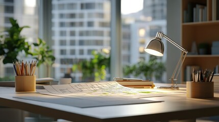 Poster - Architects table with drafting lamp and partially completed site plan