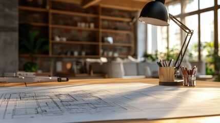 Poster - Architects table with drafting lamp and partially completed site plan