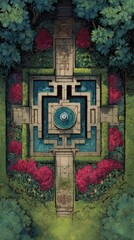 Poster - Geometric garden design with a central fountain.