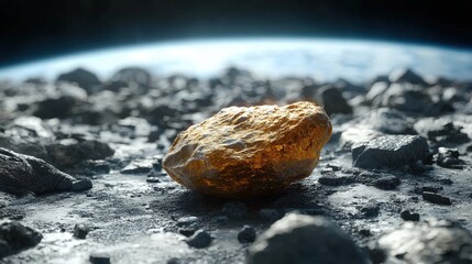 Wall Mural - Golden rock sits on a space debris field, against a backdrop of earth.