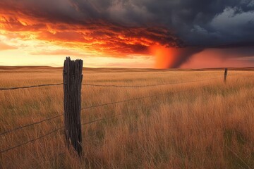 Wall Mural - Fiery sunset over golden prairie, a weathered fence post stands sentinel before an approaching storm.