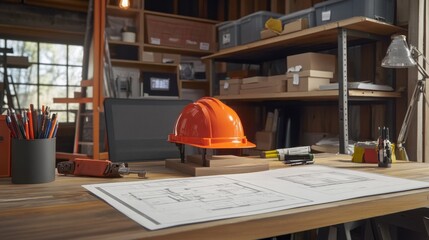 Poster - Builder's desk with approved house plan, permit paperwork, and scale model