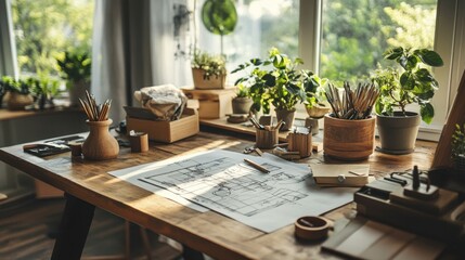 Poster - Cozy modern architecture desk with blueprint under tracing paper and pencil sketching