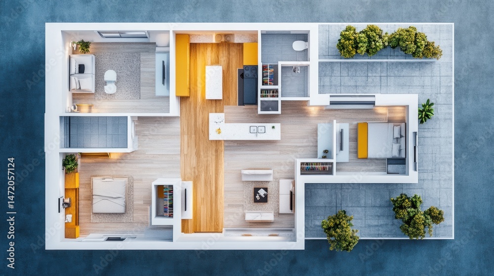 Interior design floor plan drawn in blueprint style with furniture and ...