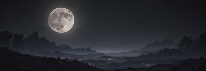Wall Mural - low-hanging full moon casts eerie glow on dark landscape, celestial, bright, lunar