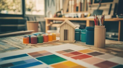 Poster - Workstation of architect showing D visual model, color palette, and printed plans