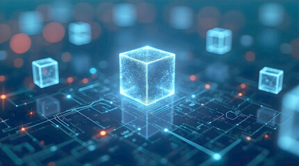 Poster - A central glowing blue cube pulsates above a network of interconnected lines and nodes with blurred lights, suggesting advanced technology and data flow.