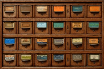 Poster - Vintage Wooden File Cabinet with Drawers Containing Old Medical Records and Labels, Retro Office Archive Storage Concept