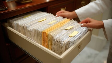 Poster - Careful Inspection of Medical Records in a Well-Organized File Cabinet Drawers in a Professional Office Environment