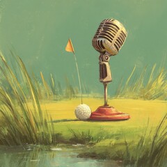 Poster - Vintage microphone on a golf course, a whimsical scene.