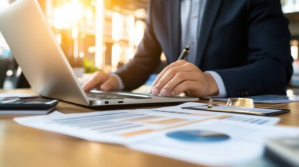 Poster - A businessman works on a laptop, reviewing financial data and charts displayed on his desk, showcasing a modern office setting. : Generative AI