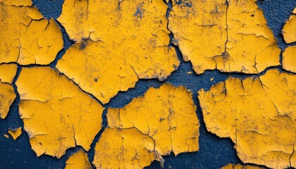 Poster - Closeup View of Cracked Yellow Paint on a Dark Blue Surface