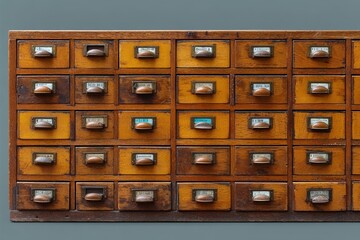 Poster - Detailed Old Wooden File Cabinet with Drawers for Organizing Medical Records and Documents in an Office Setting