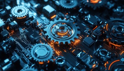 Poster - Glowing Metal Gears on a Circuit Board