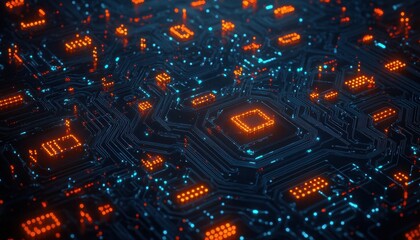 Leinwandbilder - Glowing Orange And Blue Circuit Board Abstract Technology Background