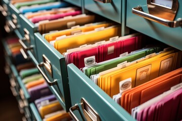 Poster - Organized Medical Records in Colorful File Cabinet Drawers for Efficient Document Management and Retrieval in Healthcare Settings