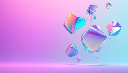Fototapete - Holographic Cubes Floating on Pink and Purple Gradient Background