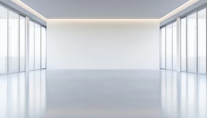 Poster - Modern Minimalist Office Interior Design: Spacious White Room with Glass Walls and Bright Lighting