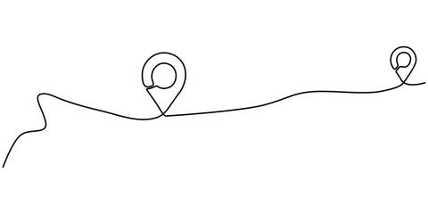 Aufkleber - Continuous one line drawing of path and location pointers pin road icon journey marker vector illustration, Minimalist design of a location pin seamlessly connected to a wavy line, symbolizing GPS. 