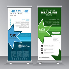 Wall Mural - star shape roll up banner template design for business, modern x-banner with green and blue, bussine