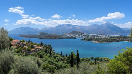 stunning coastal village panorama with mountains and sea