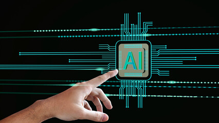 Fototapete - A hand showing generative ai, artificial intelligence, technology with cyber security, digital transformation, finance, document file management, large language model, LLM