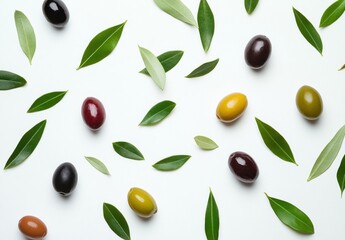 Aufkleber - A vibrant flat lay showcasing assorted olives and olive leaves artfully arranged on a pristine white background, creating a visually appealing and appetizing composition. : Generative AI