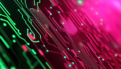 Poster - Abstract Glowing Circuit Board with Pink and Green Lines