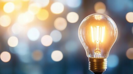 Poster - Glowing incandescent light bulb against a bokeh background of warm and cool colors, symbolizing ideas, innovation, and inspiration. : Generative AI