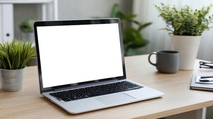 Poster - Modern laptop with blank screen sits on a light wood desk, surrounded by plants and a coffee mug, creating a serene workspace atmosphere. : Generative AI